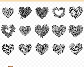 May include: Fifteen black and white floral heart SVG designs. The hearts are made up of various floral patterns, including roses, leaves, and other flowers.