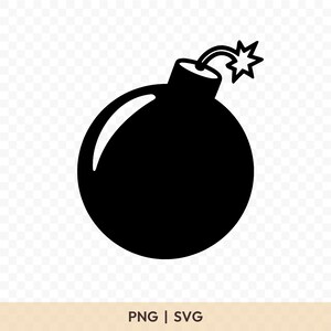 Puede incluir: Ilustración de una bomba negra de dibujos animados con una mecha encendida y una estrella. La bomba es redonda con un reflejo blanco. La parte inferior de la imagen tiene el texto "PNG | SVG".