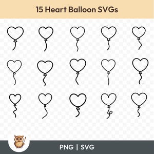 Pacote SVG de Balão de Coração, Clipart de Balão em Forma de Coração, 15 Arquivos de Corte de Balão de Coração para Cricut, PNG e SVG, Arquivos de Corte de Imagem Vetorial