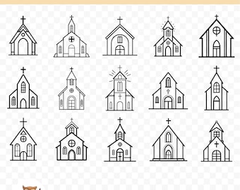 Church Outline SVG Bundle, Church Outline Clipart, 15 Church Outline Cut Files for Cricut, PNG and SVG, Vector Image Cut Files, Printable