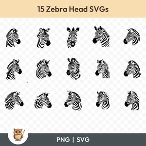 Zebrakop SVG-bundel, zebrakop clipart, 15 zebrakop gesneden bestanden voor Cricut, PNG en SVG, gesneden vectorafbeeldingsbestanden, afdrukbaar