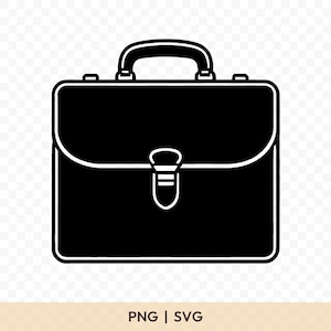 Op de afbeelding: Een zwarte aktetas met een witte omtrek, handvat en sluiting. De aktetas is rechthoekig met afgeronde hoeken en een gebogen klep. De afbeelding bevat ook de tekst "PNG | SVG".