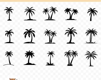 May include: A set of 15 black and white palm tree silhouette SVGs. The palm trees are in various styles and poses, including single trees, double trees, and trees with coconuts.