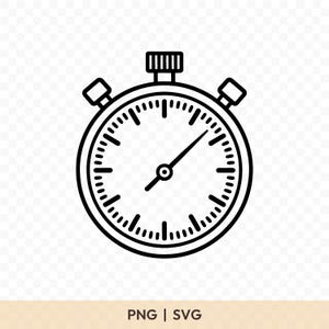 Op de afbeelding: Zwart-wit lijntekening van een stopwatch. De stopwatch heeft een ronde wijzerplaat met een gedetailleerde wijzerplaat en twee knoppen aan de zijkanten. De tekst "PNG | SVG" staat onderaan.