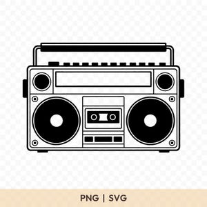May include: Black and white illustration of a retro boombox. The design features two large speaker grilles, a cassette tape slot, and a handle. The image includes the text "PNG | SVG".