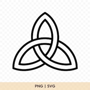 May include: Black and white Celtic knot design, a symbol of interconnectedness. The image features a three-part knot, with each part resembling a teardrop shape. The design is set against a transparent background. Text at the bottom reads "PNG | SVG".