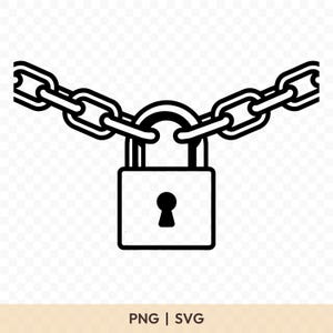 May include: Black and white illustration of a padlock with a keyhole, secured by a chain. The image has a transparent background and includes the text "PNG | SVG" at the bottom.