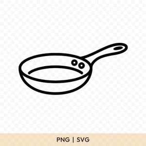Puede incluir: Un dibujo lineal en blanco y negro de una sartén con un asa. La sartén es redonda con un borde curvo y dos pequeños círculos cerca del asa. El asa tiene un agujero en el extremo. El texto "PNG | SVG" está en la parte inferior.
