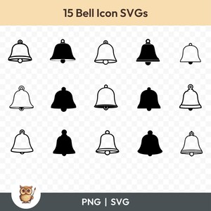 Puede incluir: Un conjunto de 15 iconos de campana en blanco y negro. Los iconos están dispuestos en una cuadrícula y todos son del mismo tamaño. Los iconos son simples y modernos en diseño.