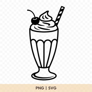 Pode incluir: Ilustração em preto e branco de um milkshake em um copo clássico. O milkshake é coberto com chantilly, uma cereja e um canudo listrado. O copo tem um design ondulado.