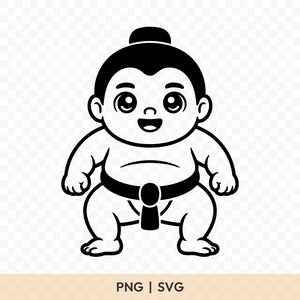 Könnte beinhalten: Schwarz-weiße Cartoon-Illustration eines Sumo-Ringers. Der Ringer hat einen Haarknoten, einen schwarzen Gürtel und befindet sich in einer Hockstellung. Das Bild enthält den Text "PNG | SVG".