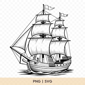May include: A black and white illustration of a sailing ship with multiple sails and flags. The ship is on the water, with the text "PNG | SVG" at the bottom. The image is a vector graphic, suitable for digital use.
