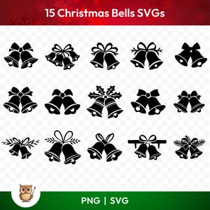 Lot de 15 cloches de Noël SVG, clipart cloches, 15 fichiers de coupe silhouette cloche pour Cricut, PNG et SVG, fichiers de coupe Image vectorielle, imprimable