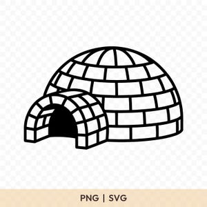 Può includere: Illustrazione in bianco e nero di un igloo, una struttura a cupola fatta di blocchi di neve. L'igloo ha una cupola principale e un ingresso più piccolo. Il testo "PNG | SVG" è in basso.