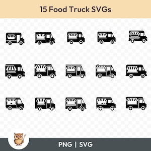 フードトラック SVG バンドル、フードトラック アイコン クリップアート、Cricut 用 15 個のフードトラック カット ファイル、PNG および SVG、ベクター画像カット ファイル、印刷可能