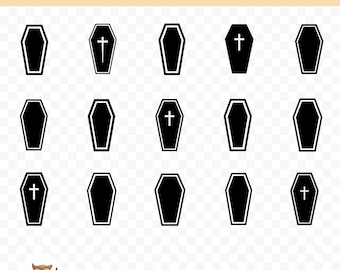 May include: A set of 15 black coffin silhouette SVGs. The coffins are in various orientations, some with a cross on top. The SVGs are perfect for Halloween or other spooky projects.