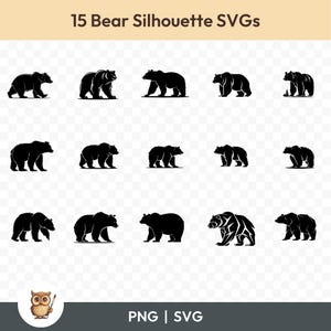 Bear Silhouette SVG Bundle, Bear Silhouettes Clipart, 15 Bear Silhouette Cut Files for Cricut, PNG & SVG, Vector Image Cut Files, Printable