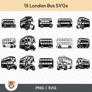 May include: Fifteen black and white illustrations of London double-decker buses in various positions. The buses are all facing forward, with some showing the front, side, and top views. The illustrations are simple and clean, with no background.