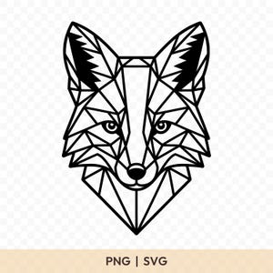 Könnte beinhalten: Geometrisches schwarz-weißes Fuchskopf-Design. Das Gesicht des Fuchses besteht aus eckigen Formen, wodurch eine moderne, minimalistische Ästhetik entsteht. Der Text "PNG | SVG" ist unten abgebildet.