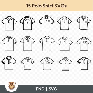 Puede incluir: Un conjunto de 15 ilustraciones en blanco y negro de polos. Las camisas son de diferentes estilos, algunas con bolsillos y otras con botones. Las ilustraciones están sobre un fondo transparente.