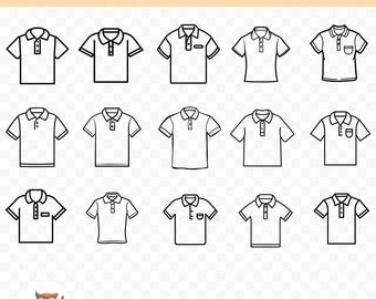 May include: A set of 15 black and white outline illustrations of polo shirts. The shirts are all different styles, with some having pockets and others having buttons. The illustrations are on a transparent background.