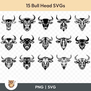 Stierkopf SVG-Bundle, Stierkopf Clipart, 15 Stierkopf-Schnittdateien für Cricut, PNG und SVG, Vektor-Bild-Schnittdateien, bedruckbar