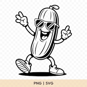 May include: Black and white cartoon illustration of a pickle wearing sunglasses and sneakers, with arms raised in a celebratory gesture. The pickle is smiling with its mouth open. The image includes the text "PNG | SVG".