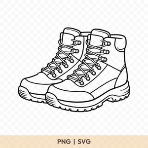 Może przedstawiać: Czarno-biała ilustracja pary butów trekkingowych. Buty mają sznurowanie, wiele oczek i grubą podeszwę. Obraz zawiera tekst "PNG | SVG".