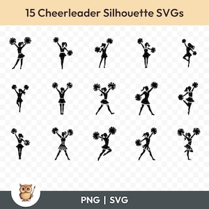 Cheerleader Silhouette SVG Bundle, Cheerleader Silhouette Clipart, 15 Cheerleader Cut Files for Cricut, PNG and SVG, Vector Image Cut Files