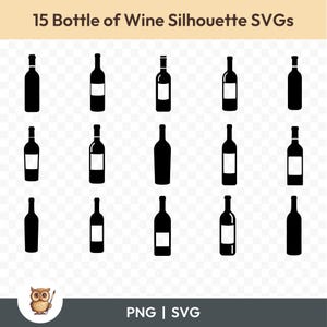 Wijnfles silhouet SVG-bundel, wijnfles clipart, 15 wijn silhouetgesneden bestanden voor Cricut, PNG en SVG, vectorafbeeldingsbestanden knippen
