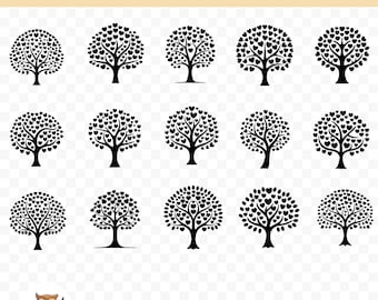 Heart Tree SVG Bundle, Tree Heart Clipart, 15 Tree Cut Files for Cricut, PNG and SVG, Vector Image Cut Files, Printable