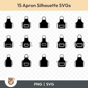 May include: A set of 15 black and white apron silhouette SVGs. The aprons are in various styles, including some with pockets. The SVGs are perfect for crafting, design, and printing projects.