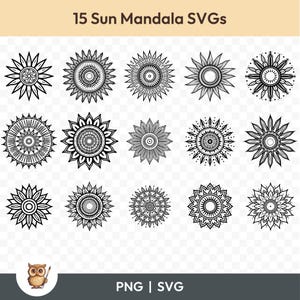 Pacchetto SVG Mandala Sole, Clipart Mandala Sole, 15 file di taglio Mandala Sole per Cricut, PNG e SVG, file di taglio di immagini vettoriali, stampabili