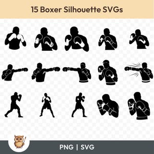 Paquete SVG de silueta de boxeador, imágenes prediseñadas de boxeador, 15 archivos de corte de boxeo para Cricut, PNG y SVG, archivos de corte de imágenes vectoriales, imprimibles