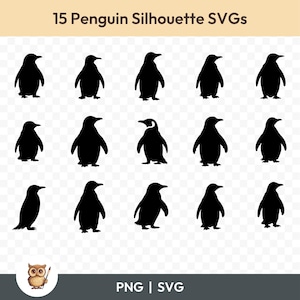 Paquete SVG de silueta de pingüino, imágenes prediseñadas de pingüino, 15 archivos de corte de pingüino para Cricut, PNG y SVG, archivos de corte de imágenes vectoriales, imprimibles