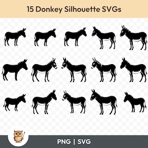 Bundle SVG âne Silhouette, Clipart âne, 15 fichiers de coupe âne pour Cricut, PNG et SVG, fichiers de coupe Image vectorielle, imprimable