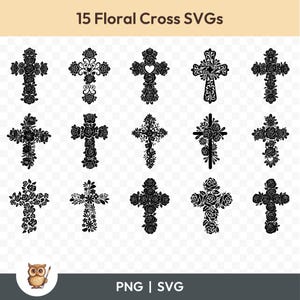 Floral Cross SVG Bundle, Flower Cross Clipart, 15 Cross Cut Files for Cricut, PNG and SVG, Vector Image Cut Files, Printable