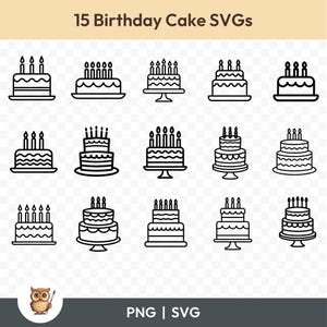 Pacchetto SVG di torta di compleanno, Clipart di torta, 15 file di taglio di torta di compleanno per Cricut, PNG e SVG, file di taglio di immagini vettoriali, stampabili