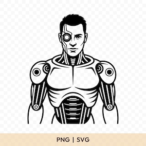 May include: Black and white illustration of a cyborg with mechanical enhancements. The image features a human-like figure with robotic components integrated into the face, chest, and arms. The text "PNG | SVG" is at the bottom.