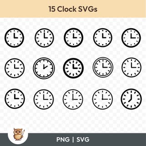 Clock SVG Bundle, Simple Clock Clipart, 15 Clock Cut Files for Cricut, PNG and SVG, Vector Image Cut Files, Printable