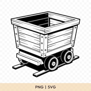 Könnte beinhalten: Schwarz-Weiß-Illustration eines Holz-Grubenwagens. Der Wagen hat einen rechteckigen Körper mit sichtbarer Holzmaserung und ist auf zwei Radsätzen montiert. Der Text "PNG | SVG" ist enthalten.