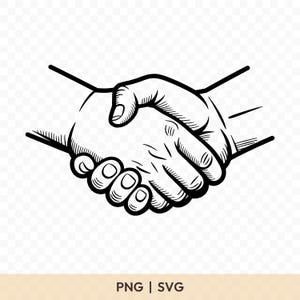 May include: Black and white line art illustration of two hands clasped in a handshake. The image is a graphic representation of agreement or partnership. The text "PNG | SVG" is at the bottom.