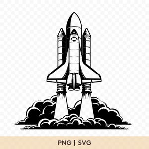 May include: Black and white illustration of a space shuttle launching. The shuttle is depicted with its wings, boosters, and exhaust flames, rising from a cloud of smoke. The text "PNG | SVG" is at the bottom.