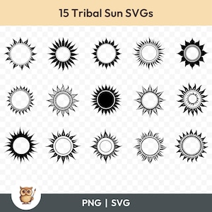 Könnte beinhalten: Set mit 15 schwarzen und weißen Tribal-Sonnen-SVG-Designs. Die Sonnen haben verschiedene Muster und Stile, darunter kreisförmige, sternenförmige und geometrische Formen.
