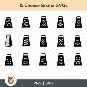 Paquete SVG de rallador de queso, clipart de silueta de rallador de queso, 15 archivos de corte de queso para Cricut, PNG y SVG, archivos de corte de imágenes vectoriales, imprimibles