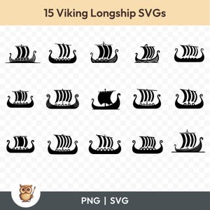 May include: A set of 15 black and white vector illustrations of Viking longships. The ships are shown in various angles and with different details, such as sails, oars, and shields.
