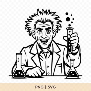 Puede incluir: Ilustración en blanco y negro de un científico loco con pelo alborotado, con una bata de laboratorio, sosteniendo un tubo de ensayo con burbujas. Dos vasos de precipitados están sobre la mesa. La imagen incluye el texto "PNG | SVG".