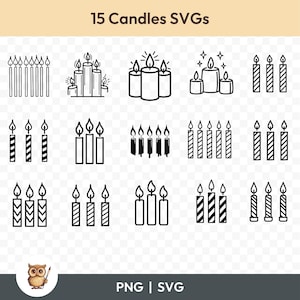 Kerzen SVG Bundle, Kerzen Clipart, 15 Kerzen Schnittdateien für Cricut, PNG und SVG, Vektor-Bild-Schnittdateien, Printable