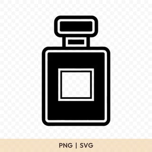 May include: A black and white perfume bottle icon with a rectangular body and a rectangular cap. The bottle has a white square in the center. The text "PNG | SVG" is at the bottom.