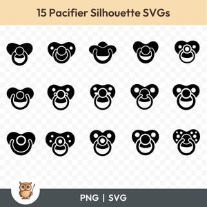 May include: A set of 15 black and white pacifier silhouette SVGs. The pacifiers are in various shapes and styles, including round, oval, and heart-shaped.